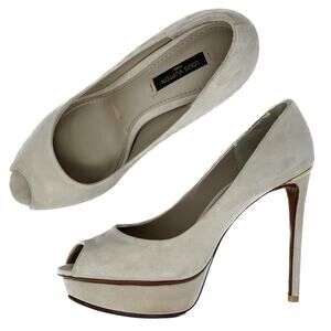 Louis Vuitton Eyeline neutral suede peep toe platform pumps size 37 US6.5